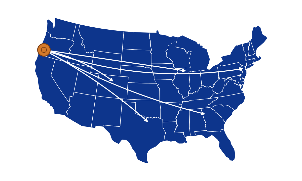 Nationwide delivery map of the contiguous United States